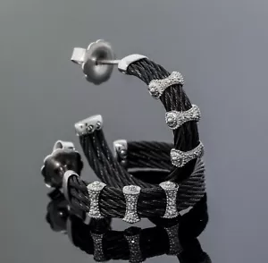 Charriol 18K White Gold & Black Steel Cable Diamond 3Row Rope 29mm Hoop Earrings - Picture 1 of 5
