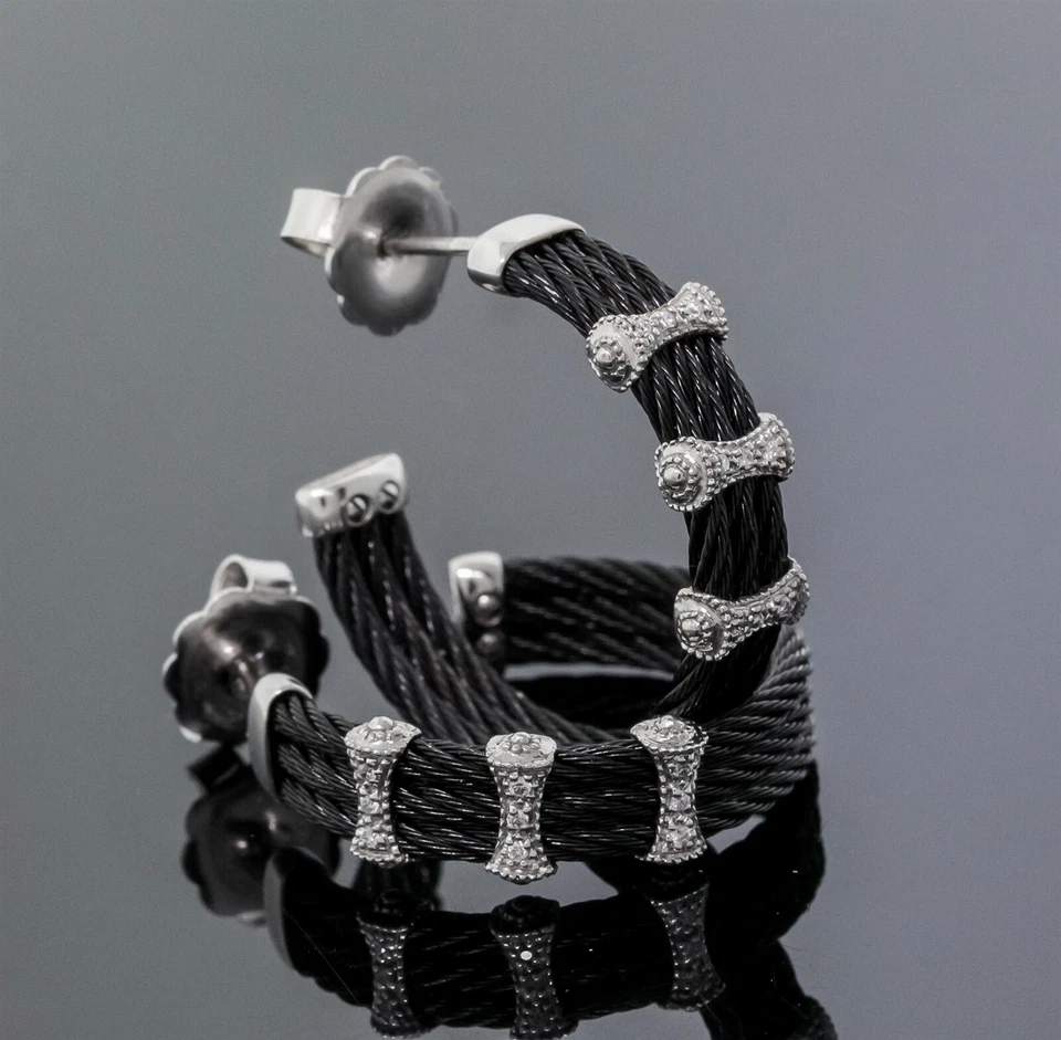 Pendientes de aro Charriol de oro blanco de 18 quilates y acero negro con cable de diamante cuerda de 3 filas 29 mm Foto 1 de 1