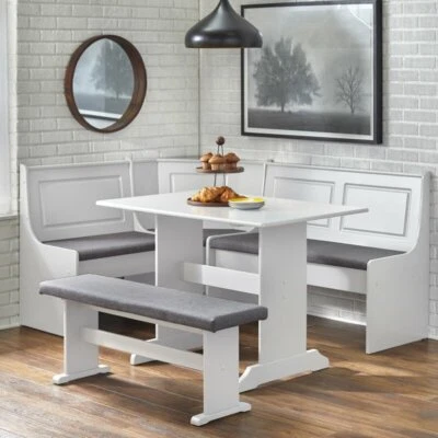 3pc Lt Gray Grey Wood Breakfast Nook Dining Set Corner Booth Bench Kitchen Table - Image 1 of 2