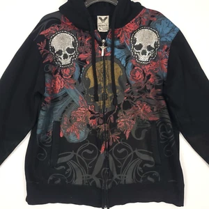 Avirex Full Zip Hoodie Gr. L selten Grungewear schwarz All Over Skull Print Y2K Vintage - Bild 1 von 24
