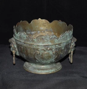 Verdigris Patinated Silver Plated Aged Monteith Lion Head Ring Bowl w/Flower Pin - Picture 1 of 7