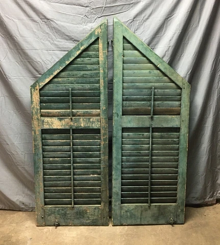 Antique Pair Peaked Top Shabby Wood Chic Shutters Green 20x55 Old VTG 665-22B Cover