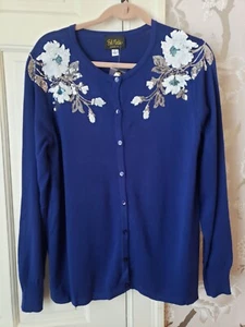 Bob Mackie Wearable Art Navy Blue Embellished Sequin Floral Cardigan Sweater L - Picture 1 of 10