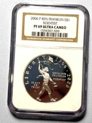 2006-P Ben Franklin Scientist Commemorative Silver Dollar NGC PF69 ULTRA CAMEO - Image 1 of 2