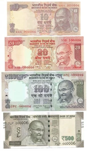India Set of Rs 10, 20, 100 & 500  *Tony's Tricks~the number 6*, Fancy '000006' - Picture 1 of 2