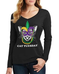 Cat Tuesday Mardi Gras Women's Long Sleeve V-Neck T-Shirt Funny New Orleans - Picture 1 of 5