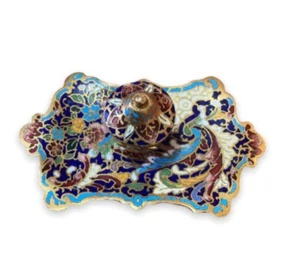 19. Jahrhundert Cloisonné Bronze Schreibtisch Tintenwell mit arabischem Dekor, geschwungene Form - Bild 1 von 3