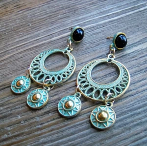 Aztec Chandelier Earrings Gold Tone Turquoise Patina Gypsy Boho Jewelry Black - Picture 1 of 4