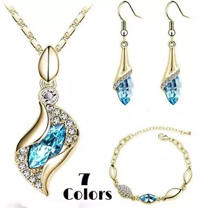 7 Color Gold Plated Crystal Rhinestone Necklace Pendant Earrings Bracelet Set - Picture 1 of 8
