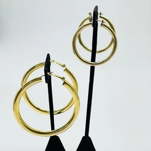 Gold Tone Hoop Earrings Lot of 2 Polished Tube Classic Unbranded Round Statement - Picture 1 of 6