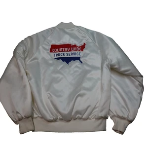 Vintage 80s West Ark Puffer Satin Bomber Jacket MEDIUM Truck Service Country USA - Picture 1 of 18