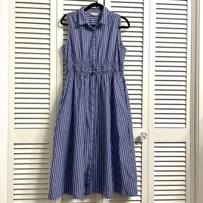 Lucky Brand синий и белый в полоску рубашка платье Midi галстук талии карманы M - Изображение 1 из 4