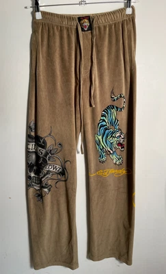 Ed Hardy velour joggers S UK 10 VGC khaki lounge straight wide leg logo print - Image 1 of 4