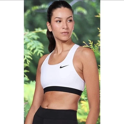 Nike Swoosh Medium Support Sports Bra White/Black BV3900-100, Small - Image 1 of 4