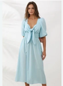NWT Commense Cotton Linen A-Line MIDI Dress Front Bow Puff Sleeves Women’s Sz L - Picture 1 of 11