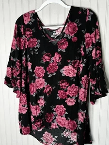 Torrid Shirt Damen 3X schwarz rosa Blumen Glockenärmel Criss Cross Tunika Strick - Bild 1 von 13