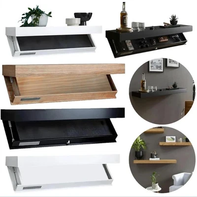 Wooden Concealed Floating Shelf Magic Flap Storage Box Wine Cabinet Wall Rack - Image 1 of 4