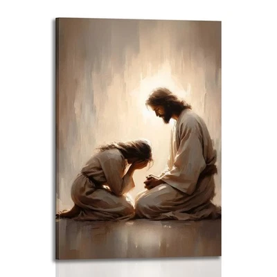 Impresión en lienzo de mujer reconfortante de Jesús enmarcada arte de pared impresión en lienzo religioso, I... Foto 1 de 4