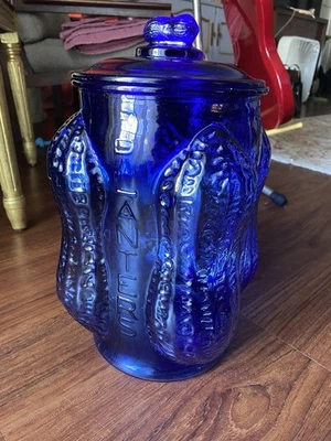 Lg De Colección 14" Macetas Cacahuetes Azul Cobalto Vidrio Publicitario Tarro Con Tapa Foto 1 de 4