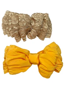 SET 2 SCHÖNE VINTAGE EXTRA GROSSE 6" HAARSCHLEIFEN ACCESSOIRES GELB & GOLD SPITZE - Bild 1 von 5