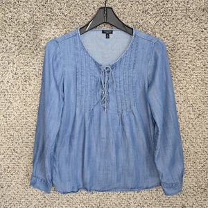 Talbots Top Damen SP Petite Small blau Chambray Schnür Biesen Bluse Damen - Bild 1 von 7