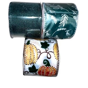 Assorted Craft Ribbon For Fall Autumn 3 Rolls Pumpkin, Green Leaf 2.5”x9’ Each - Picture 1 of 5