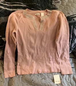 Liz & Co Womens Pink Notched Neck Rhinestone Embellished Sweater Size Medium NWT - Picture 1 of 6