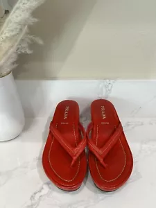 PRADA Women's red wedge thong sandal red leather size 37 nice! - Picture 1 of 6