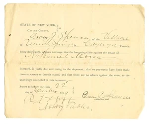 Documento Antiguo 1899 Oscar J Spence Union Springs Condado de Cayuga Nueva York - Imagen 1 de 2