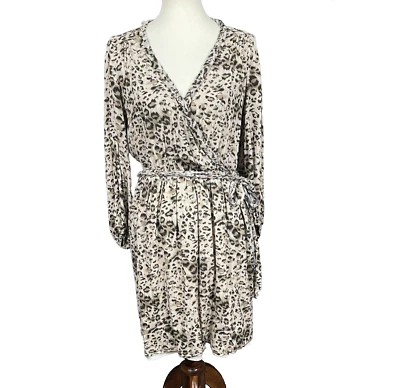 Платье женское Rebecca Taylor 12 желтовато-коричневое леопард анималистический принт искусственное обертывание пояс коса - Изображение 1 из 4