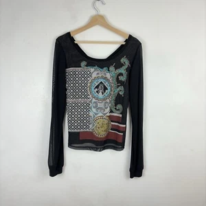 Save The Queen Mesh Top Y2k Metallic Embroidered Graphic Print Black XL Vintage - Picture 1 of 24