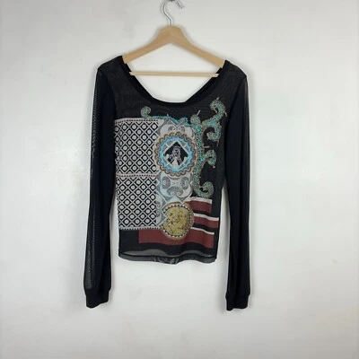 Save The Queen сетчатый топ Y2k металлический вышитый графический принт черный XL винтажный - Изображение 1 из 4