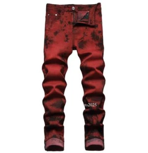 Mens Wine Red Denim Cotton Jeans Straight Leg Casual Punk Hip Hop Pants Trousers - Picture 1 of 24