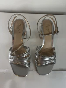 BADGLEY MISCHKA Krystal Woven cinturino formale alla caviglia tacco a blocco argento - Foto 1 di 13