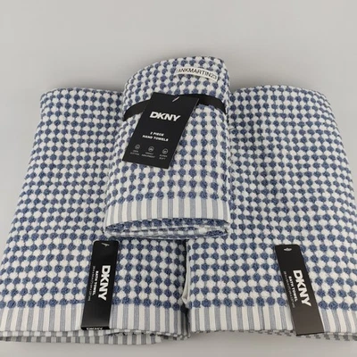 Set of 4 DKNY Gingham Check 2 Bath Towels & 2 Hand Towels Med Blue White Monet - Image 1 of 4