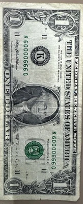 Rare 🔥  1995 Series $1 One Dollar Bill Fancy Serial Number 60000666 - Image 1 of 4