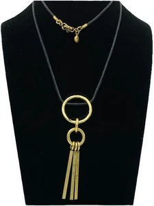 Collana Madewell lunga in corda di cotone nero e ottone 26" + ciondolo goccia 4" boho - Foto 1 di 7