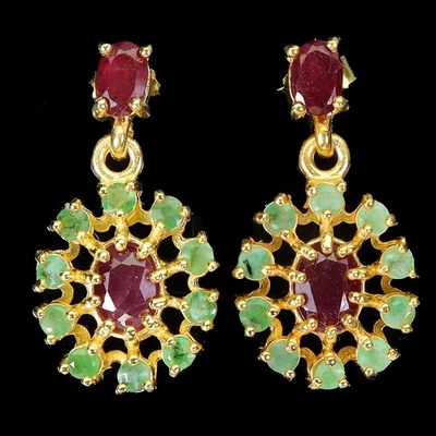 925 Sterling Silver Oval Earrings with 7x5mm Ruby and Emerald Natural... - Image 1 of 4