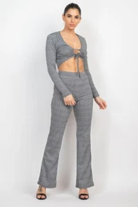 Plaid Cut-out Long Sleeve Top & Pants Set - Picture 1 of 10
