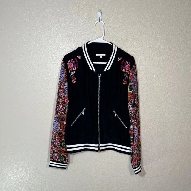 Rebecca Minkoff Jacket Womens 12 Silk Bomber Black Floral Full Zip BOHO - Image 1 of 4