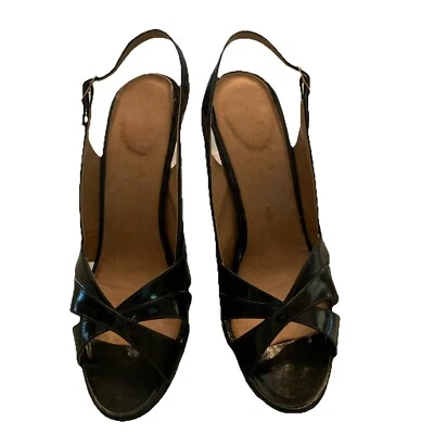 Amica Bambergers Made Italy Black Patent Leather Sling Back Heels Sz 7.5 M - Image 1 of 4