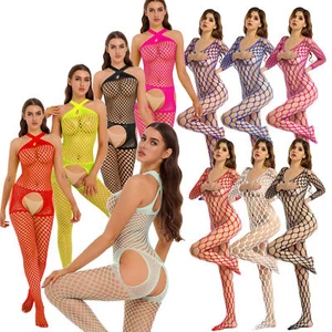 Womens Hollow Out Fishnet Bodystocking Crotchless Skinny Jumpsuit Nightwear - Picture 1 of 90