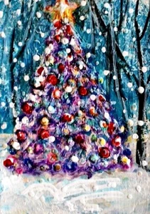 ACEO Original WINTER PAINTING Snow PINE TREE Landscape Winter Holiday Xmas ART - Picture 1 of 1