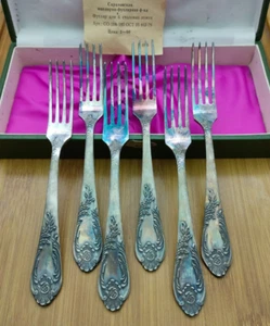 Vintage Soviet set of dessert forks made of nickel silver MNC USSR 6 pcs. - Picture 1 of 19