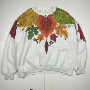 Sudadera vintage pintada a mano hojas de otoño cuello redondo blanca JERZEES 3XL - Imagen 1 de 5