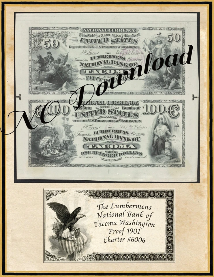 COPY 1901 Proof  $50-$100  The Lumbermens National Bank Takoma Washington #6006 - Image 1 of 1