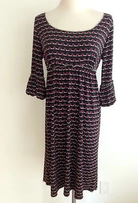 STUDIO M by MAX STUDIO Scoop Neck Dress Flounced Cuffs Black White Burgundy Sz S Foto 1 de 4
