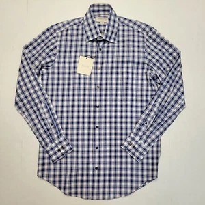 New HAGEN CARMEL Men's SMALL Navy Blue Brown Plaid Soft Woven COTTON Shirt NWT  - Picture 1 of 5