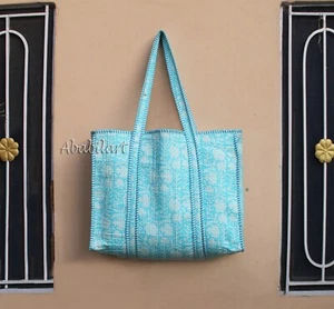 Light Blue Floral Print Cotton Quilted Handbag Women Shopping Tote Shoulder Bag - Picture 1 of 6