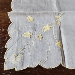 Pañuelo vintage amarillo rosa flor brote floral bordado lino - Imagen 1 de 7